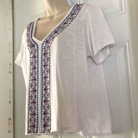 KNOX ROSE White V Neck Embroidered Boho Bohemian Short Sleeve Top Womens XL - Picture 5 of 11
